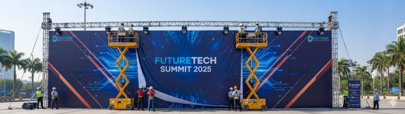 Đội ngũ kỹ thuật IN ĐẠI NAM đang tiến hành thi công và lắp đặt backdrop lớn cho sự kiện "FutureTech Summit 2025"