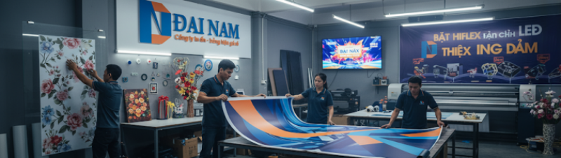 Hình ảnh một nhóm thợ đang lắp đặt và hoàn thiện một backdrop lớn có in hình ảnh 3D cho sự kiện, thể hiện quy trình thi công chuyên nghiệp của công ty in ấn.