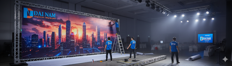 Thi công Backdrop PP cán Formex ĐẠI NAM trên khung truss sự kiện.