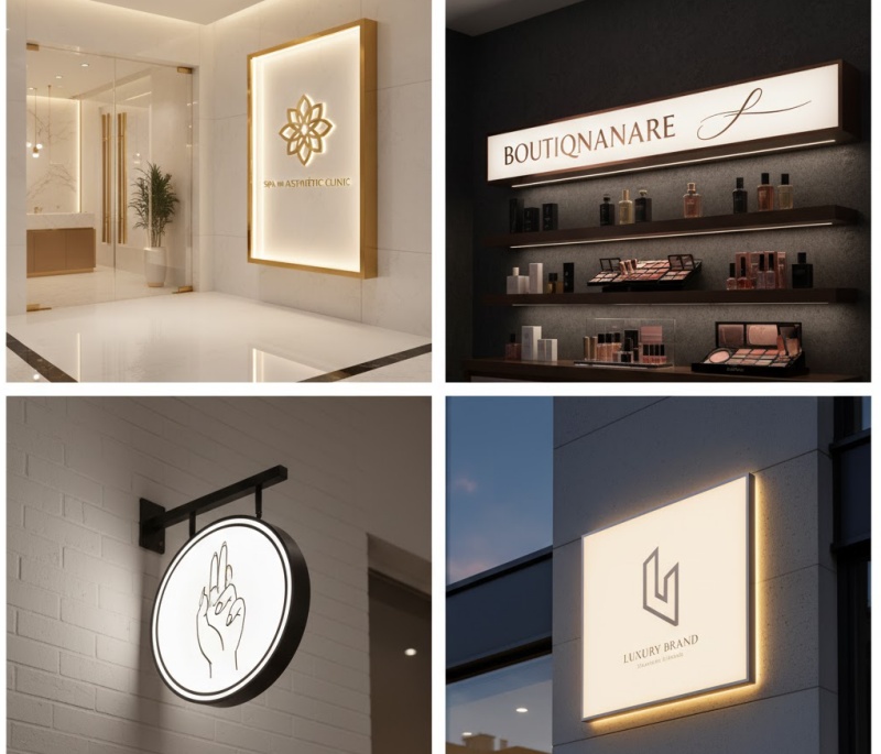 Các ứng dụng hộp đèn: Mặt tiền Spa/Clinic sang trọng, cửa hàng mỹ phẩm với bảng hiệu nổi bật, showroom thời trang cao cấp với hộp đèn trang trí.