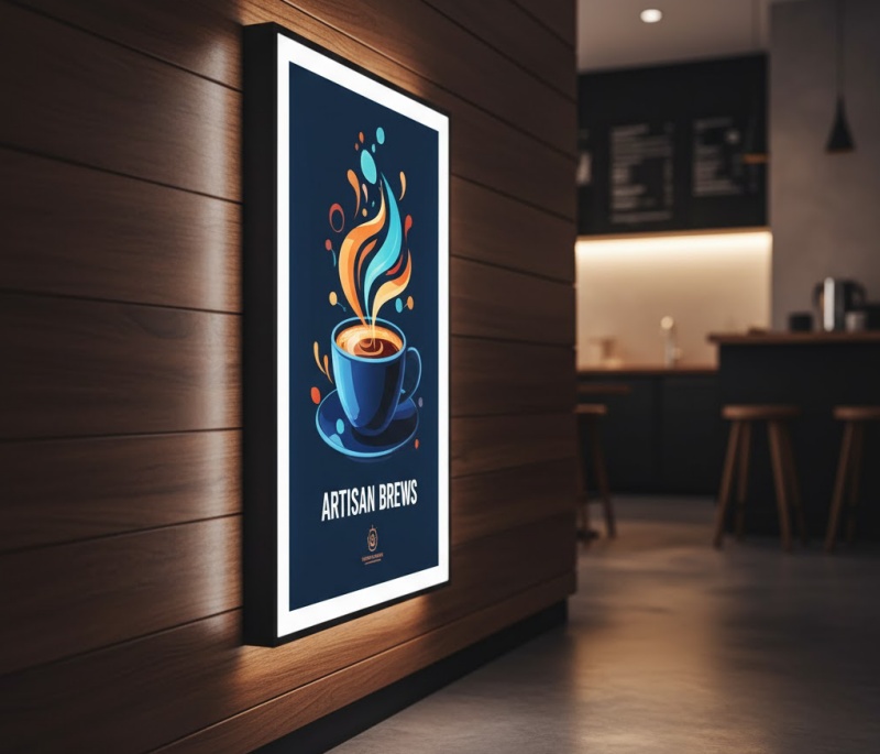 Hộp đèn Mica phẳng treo tường, in hình ảnh ly cà phê với hiệu ứng màu sắc sống động, làm nổi bật không gian quán cà phê hoặc cửa hàng đồ uống.
