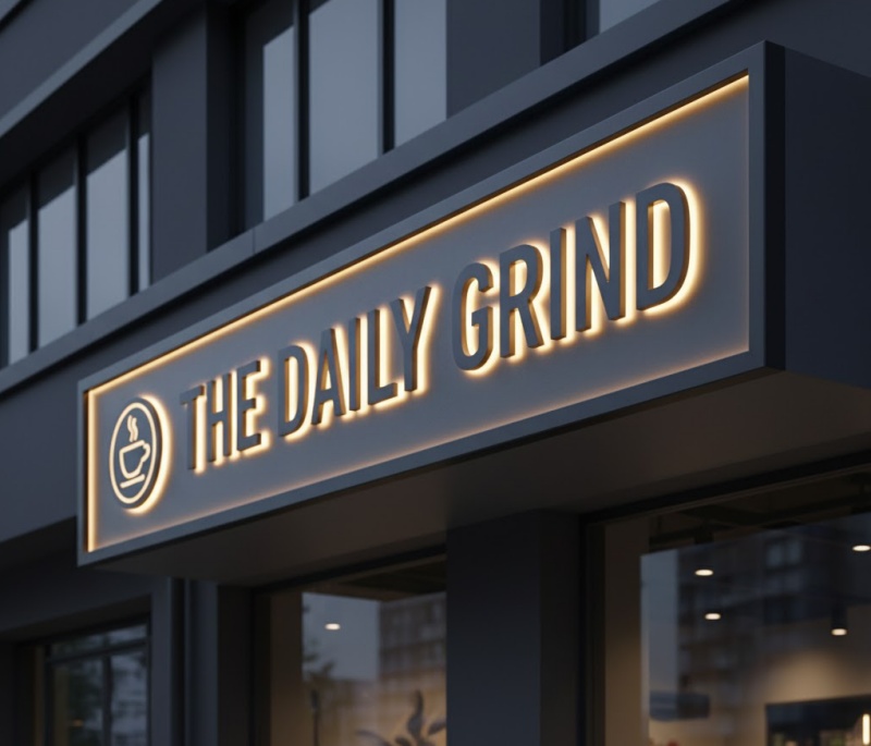 Mặt tiền cửa hàng ban đêm với hộp đèn lớn làm từ nền Alu màu đen.