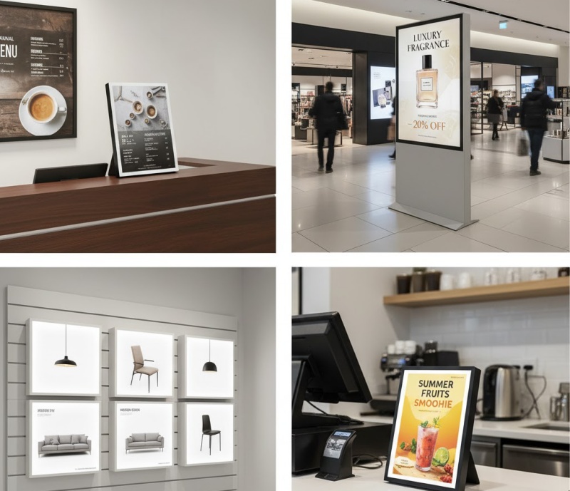 Cận cảnh hộp đèn LED siêu mỏng treo tường, hiển thị poster quảng cáo với ánh sáng trắng sáng đều.