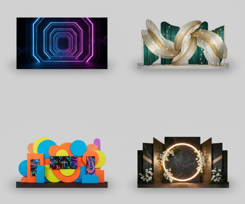 Các mẫu backdrop sự kiện: Backdrop LED, backdrop hoa tươi, backdrop 3D, khu vực check-in ấn tượng.