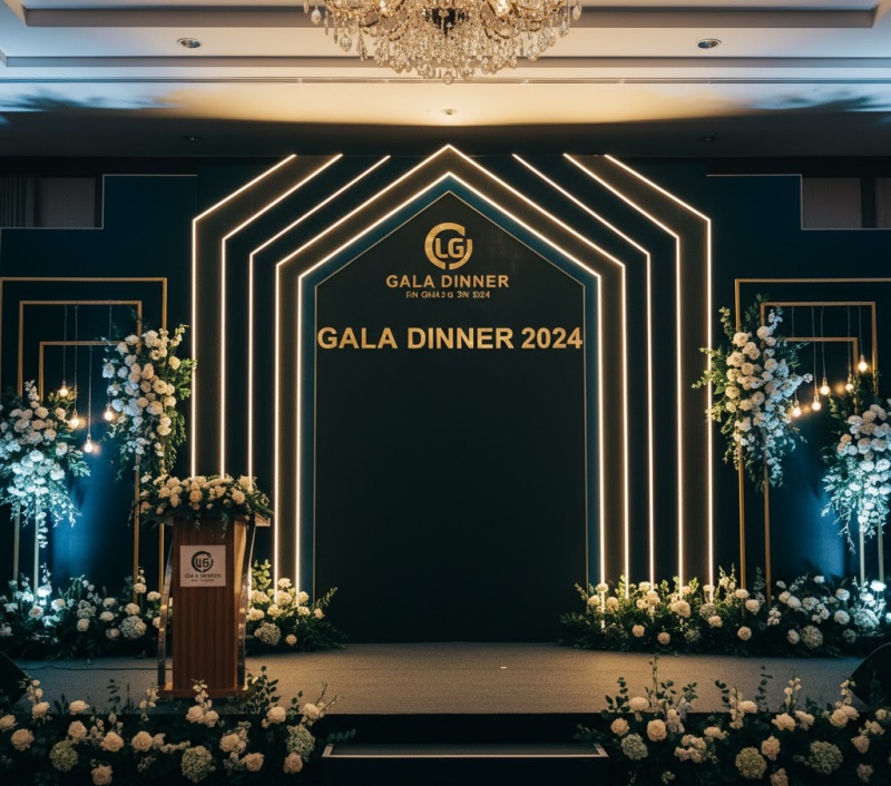 Sân khấu sự kiện trong nhà với backdrop sang trọng màu đen chủ đạo.