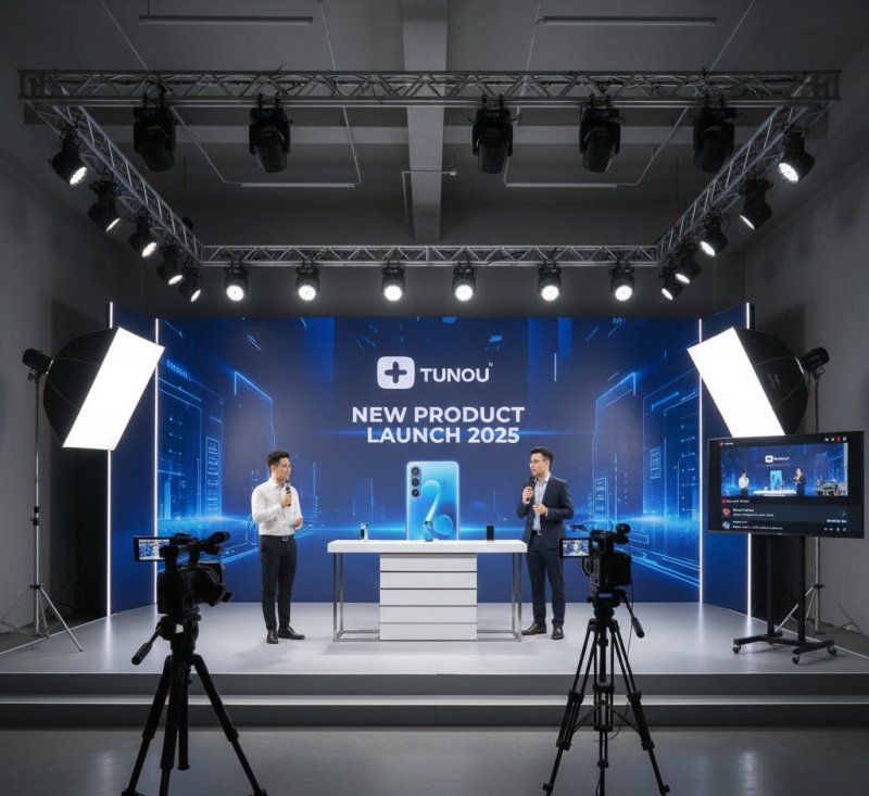 Sân khấu livestream sự kiện ra mắt sản phẩm mới với backdrop màn hình LED lớn hiển thị thông điệp và hình ảnh sản phẩm.