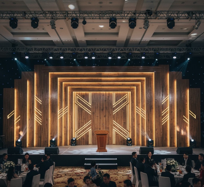 Backdrop sự kiện làm từ gỗ MDF sơn PU, có kết cấu chắc chắn với các đường nét trang trí và đèn LED ẩn, tạo chiều sâu và không gian sang trọng cho sân khấu hội nghị.