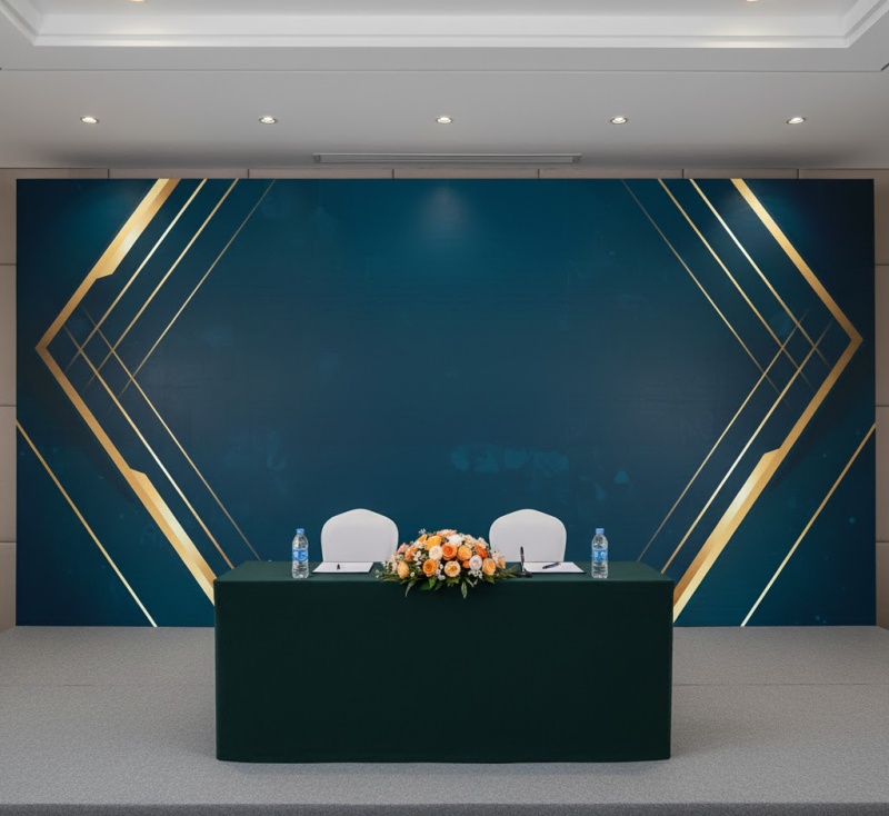 Bố cục sự kiện chuyên nghiệp với backdrop Mica/Decal UV bóng mịn, không chữ, tông màu xanh đậm và vàng đồng.