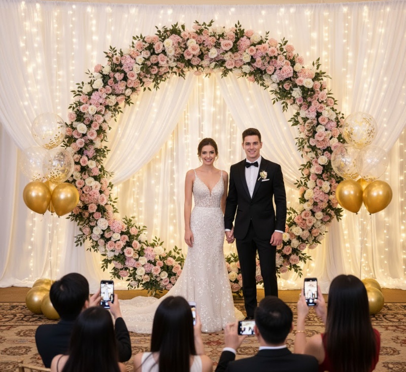 Backdrop trang trí với các loại hoa tươi/giả, lá cây và các vật phẩm decor khác, tạo nên không gian 'check-in' lãng mạn, thường dùng trong tiệc cưới hoặc sự kiện thương hiệu.