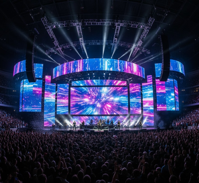 Sân khấu sự kiện lớn với backdrop được làm hoàn toàn bằng màn hình LED. Màn hình đang hiển thị hiệu ứng đồ họa trừu tượng, sống động.